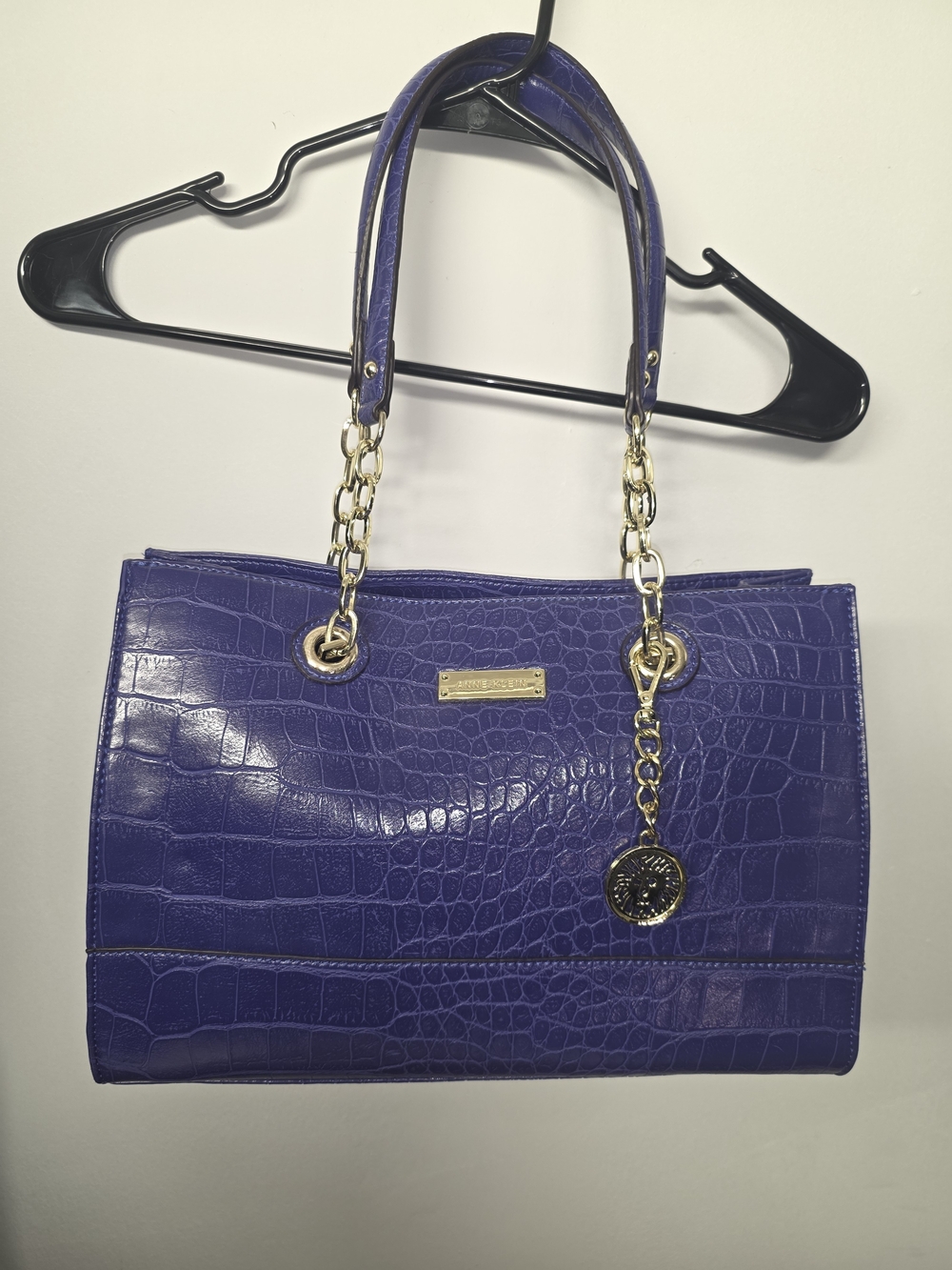 Anne Klein Blue Croc-Embossed Tote Handbag with Gold Chain Detail